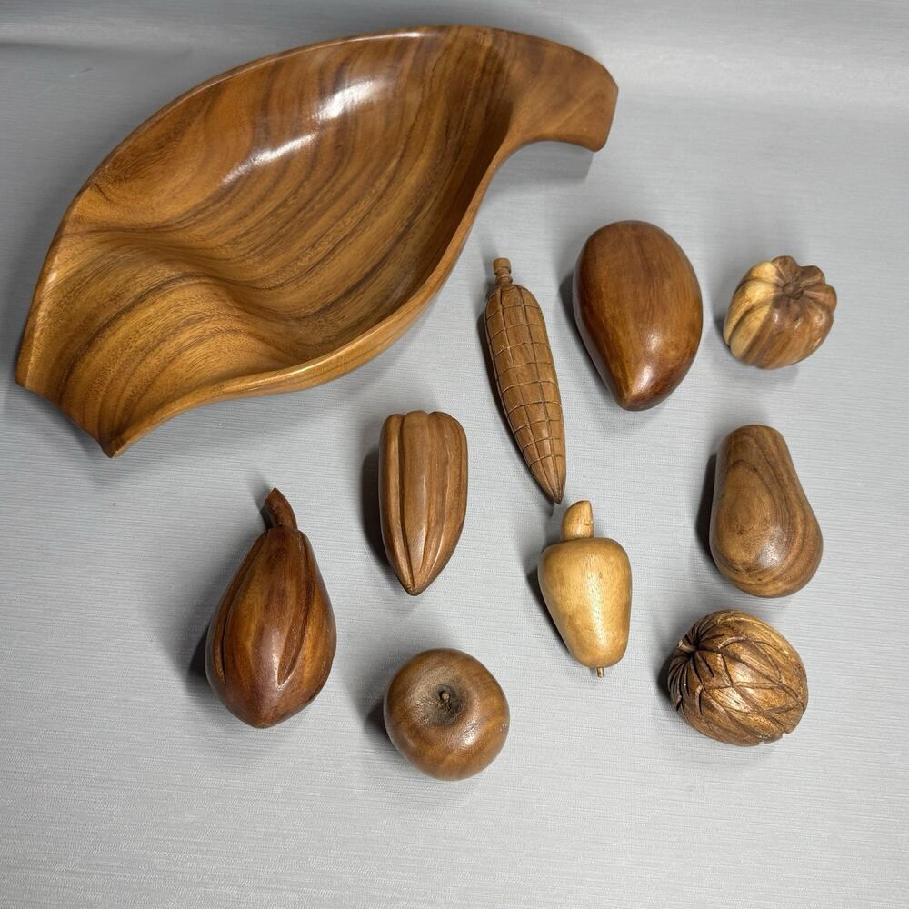Vintage Retro MCM Carved Bowl Wooden Vegetable Fruit 10 Piece Set Fall Cottage - Picture 7 of 16